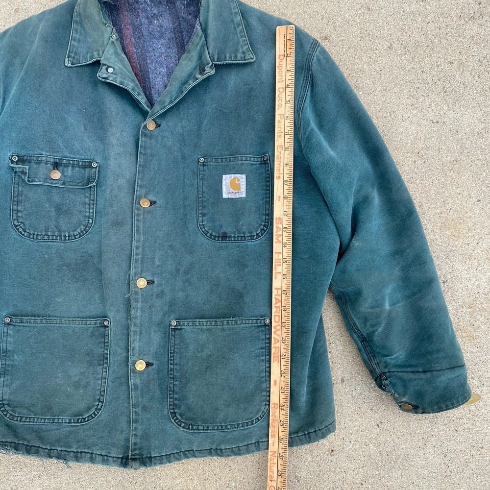 Vintage 80s 90s Carhartt Barn Jacket Coat L/XL Distressed Teal Green Made In USA - Picture 7 of 11